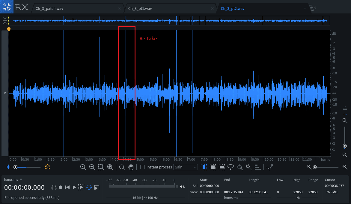 An image depicting Audio spikes and sonic cues for editing in iZotope RX