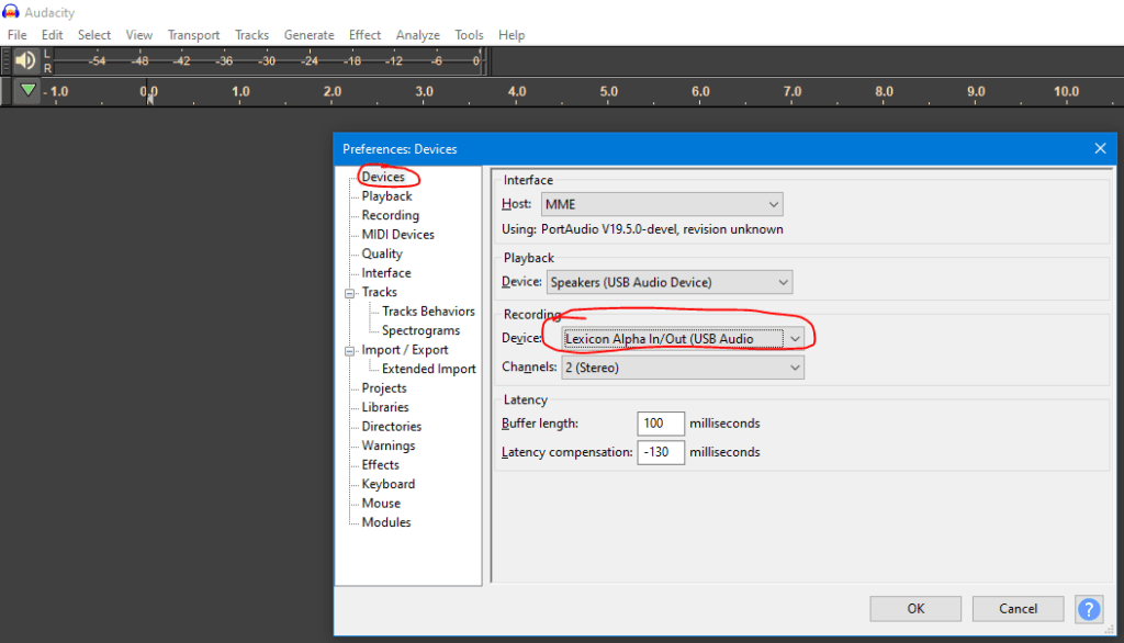 Screenshot of Audacity Settings